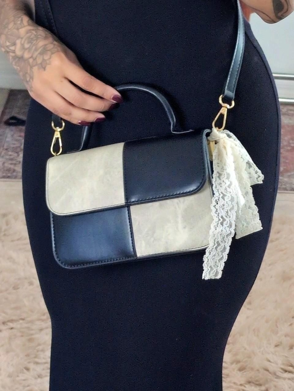 Black & Cream Patchwork Top-Handle Shoulder Bag